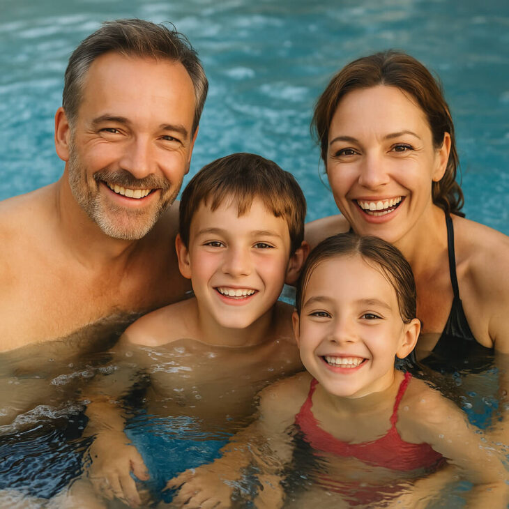 Famiglia nella spa privata panoramica al T’Ami Hotel di Selvino